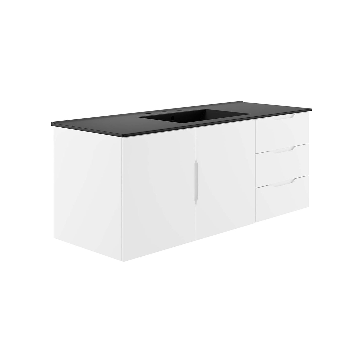 White high-gloss bathroom vanity base with black countertop and integrated sink; right side has three drawers.