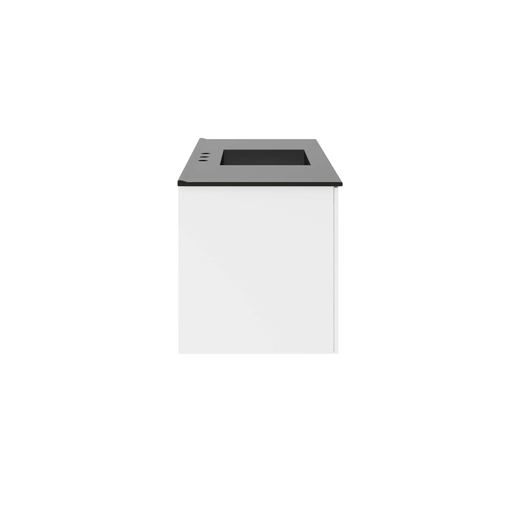 White rectangular bathroom vanity with a single sink, modern minimalist design.