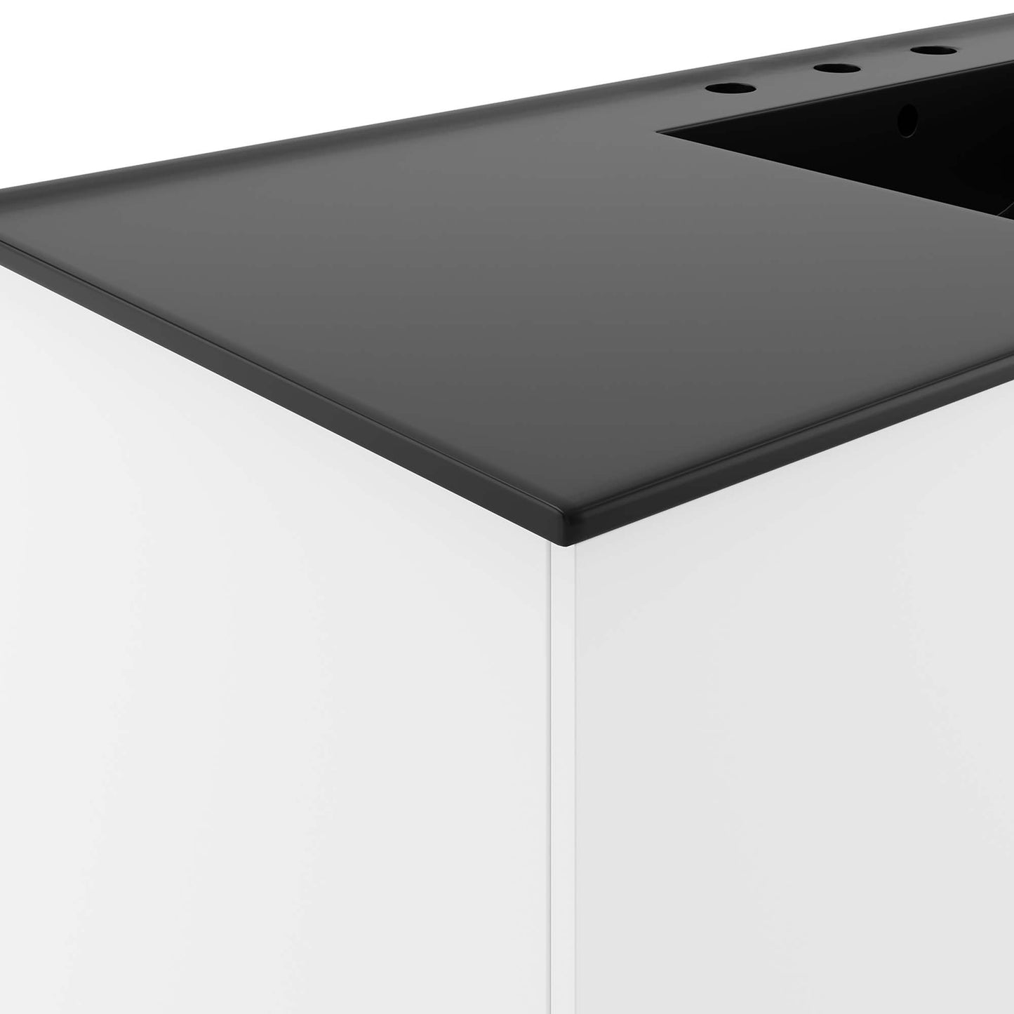 Black bathroom vanity cabinet with a dark gray solid-surface countertop and built-in sink cutout, modern style.
