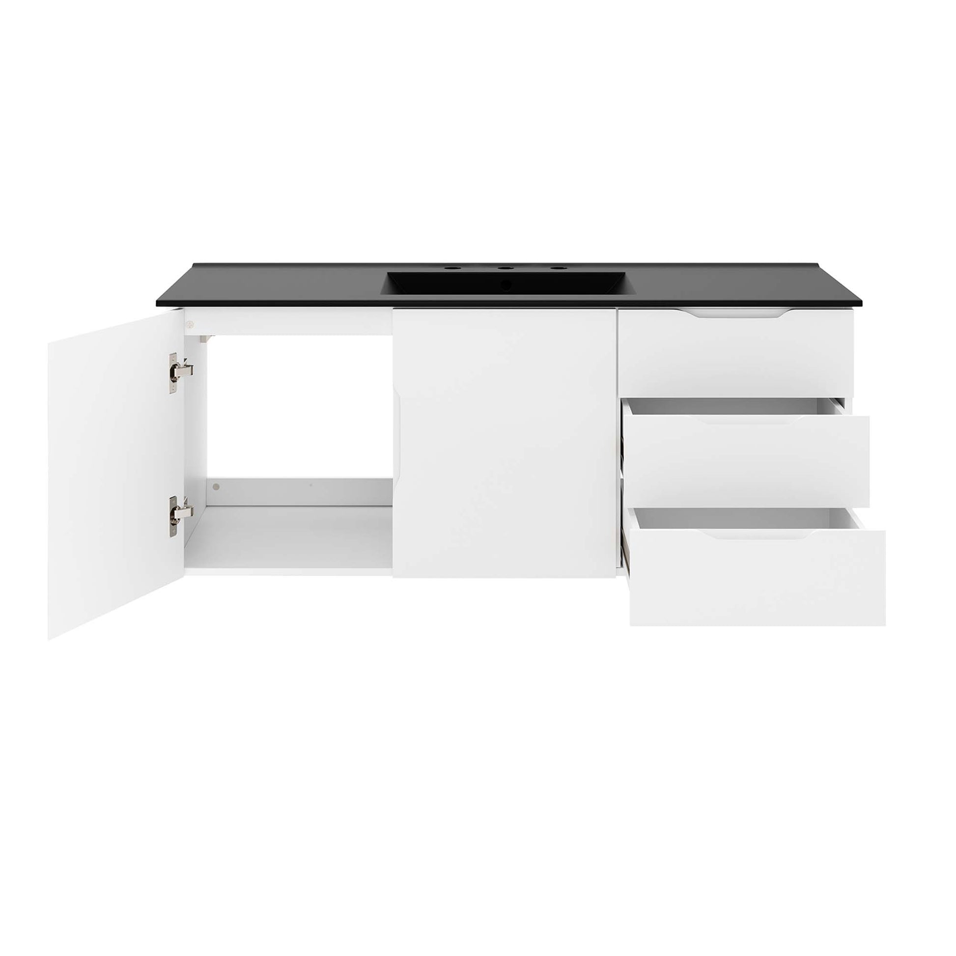 Black base vanity with black countertop and center single-sink cutout; left door open, right-side two drawers extended.