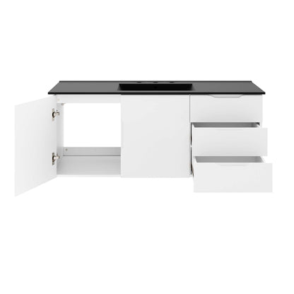 Black base vanity with black countertop and center single-sink cutout; left door open, right-side two drawers extended.