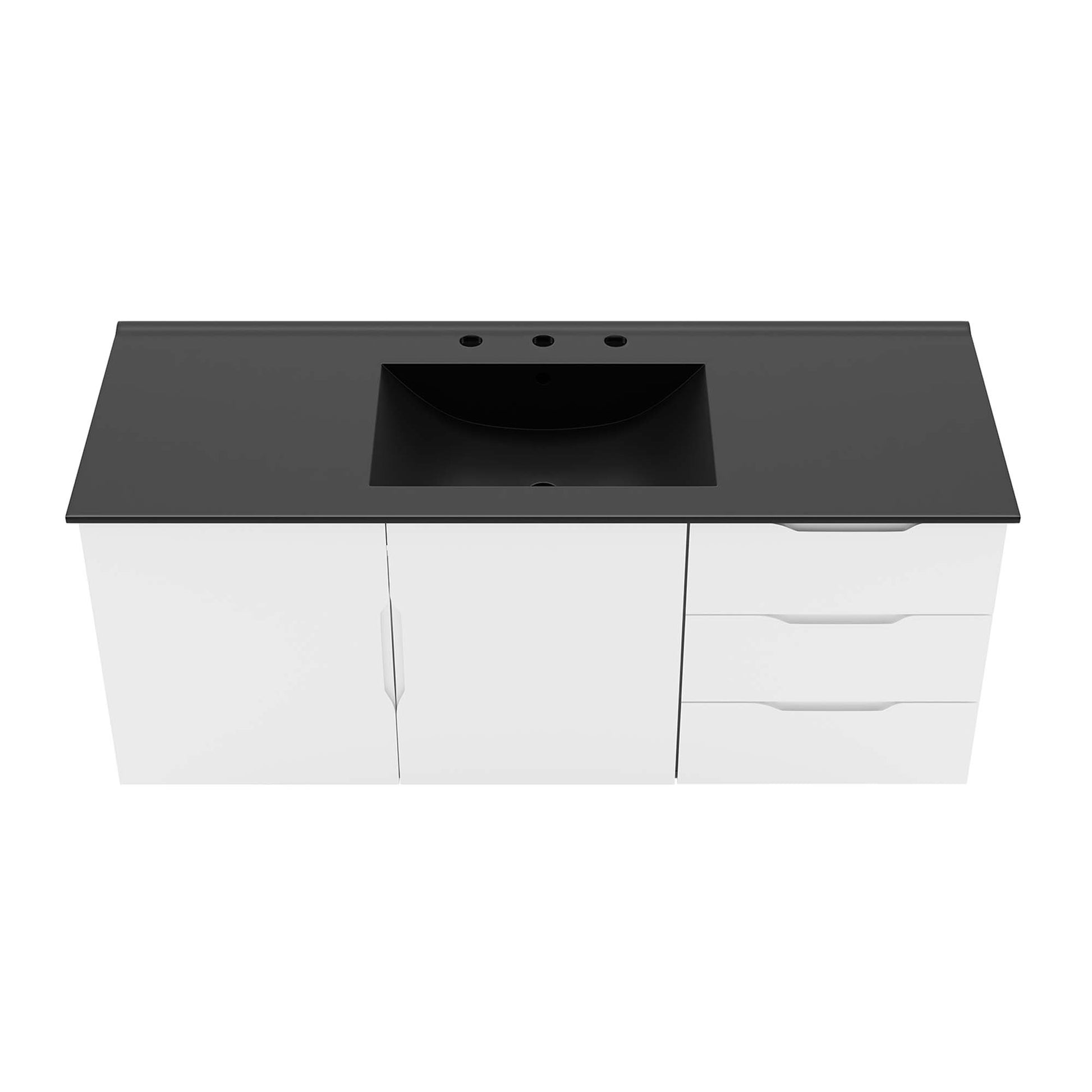 White bathroom vanity with black countertop and rectangular undermount sink; two doors left and three drawers right.