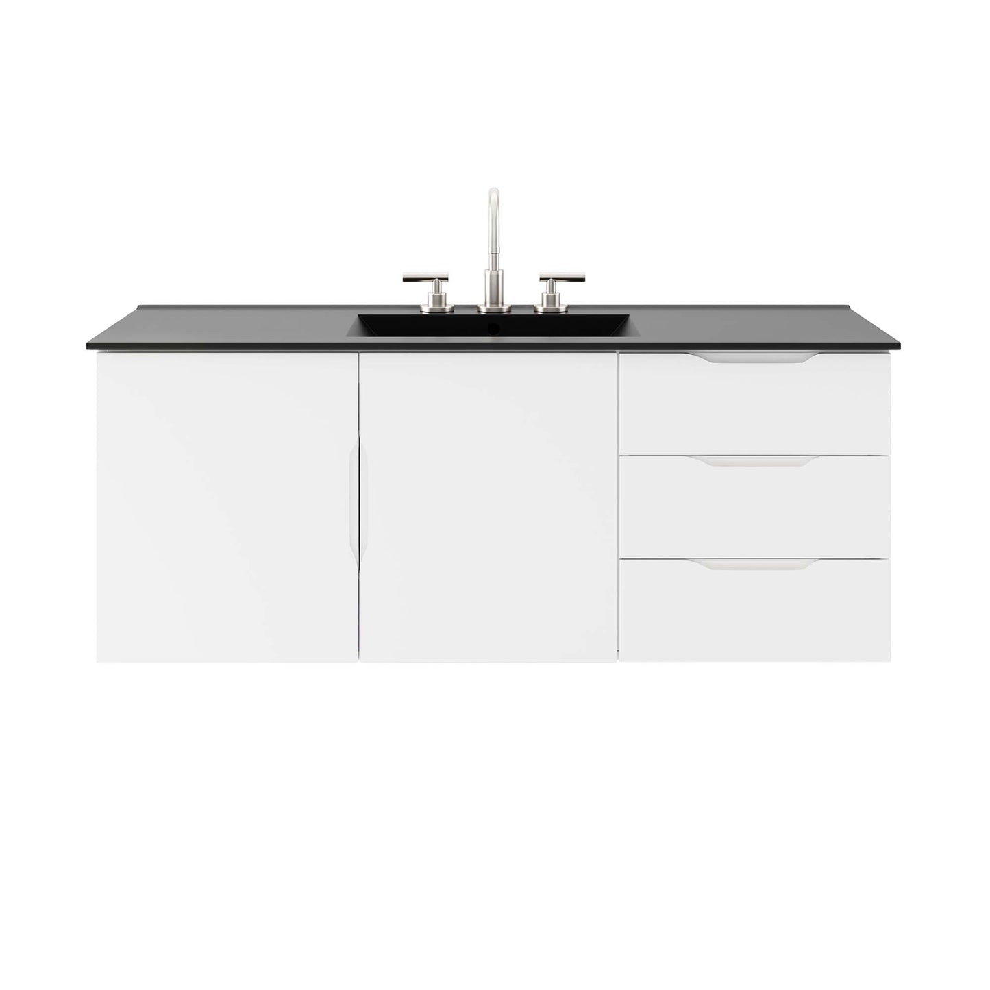 Black 48 in. single-sink bathroom vanity with an undermount sink, chrome faucet, two-door cabinet on the left and three-drawer unit on the right.