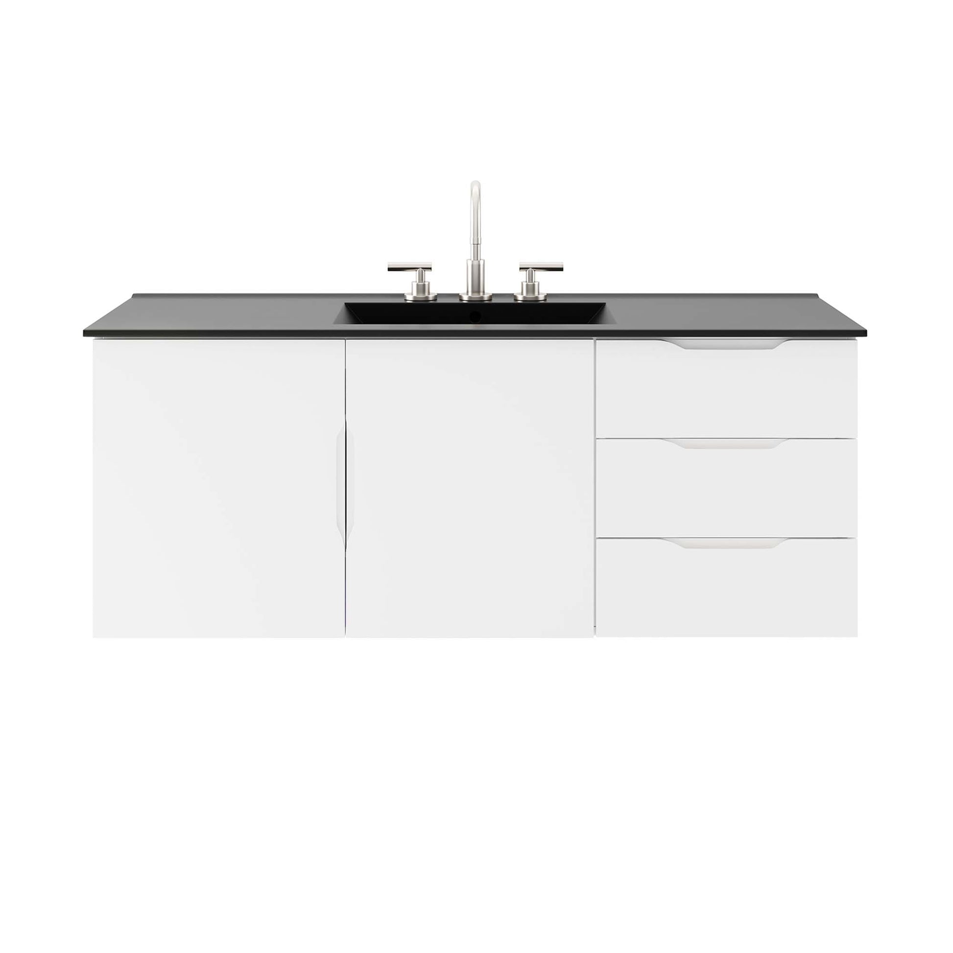 Black 48 in. single-sink bathroom vanity with an undermount sink, chrome faucet, two-door cabinet on the left and three-drawer unit on the right.