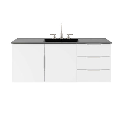 Black 48 in. single-sink bathroom vanity with an undermount sink, chrome faucet, two-door cabinet on the left and three-drawer unit on the right.