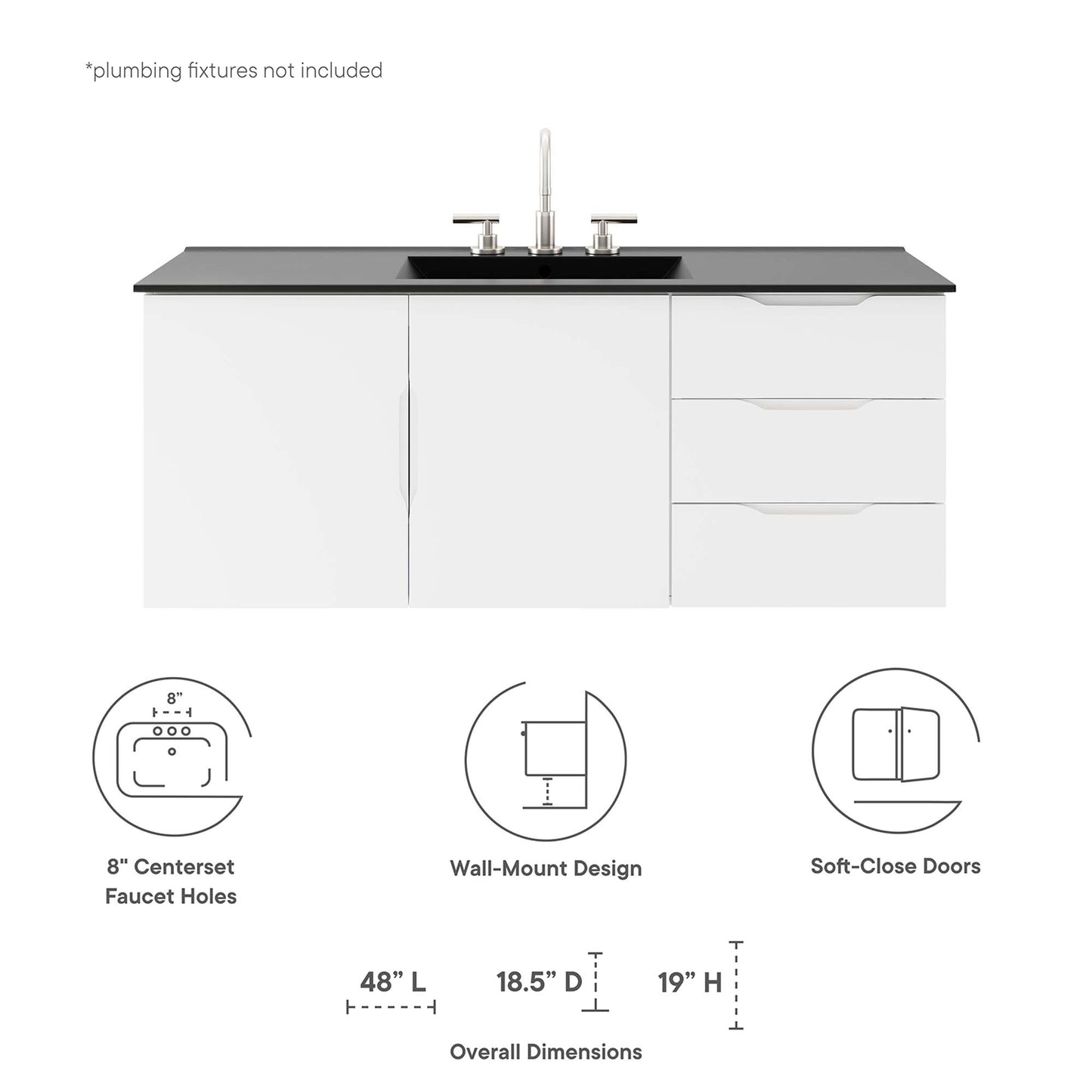 White 48-inch vanity with black countertop, center-set faucet, left two-door cabinet, right three-drawer unit, soft-close.