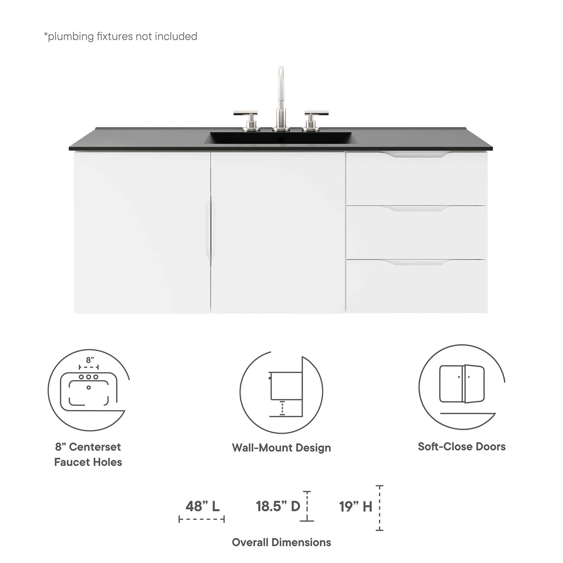White 48-inch vanity with black countertop, center-set faucet, left two-door cabinet, right three-drawer unit, soft-close.