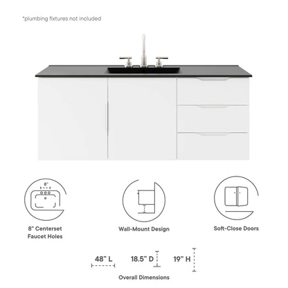 White 48-inch vanity with black countertop, center-set faucet, left two-door cabinet, right three-drawer unit, soft-close.