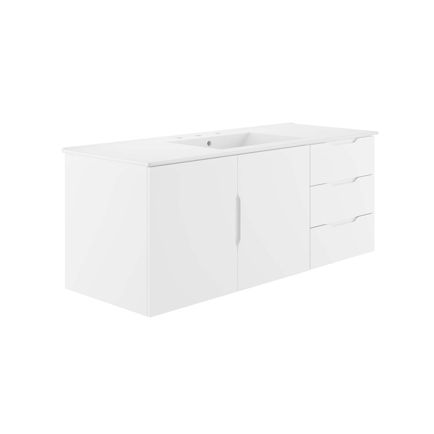 White bathroom vanity with integrated sink, long countertop, two central doors and three drawers on the right.