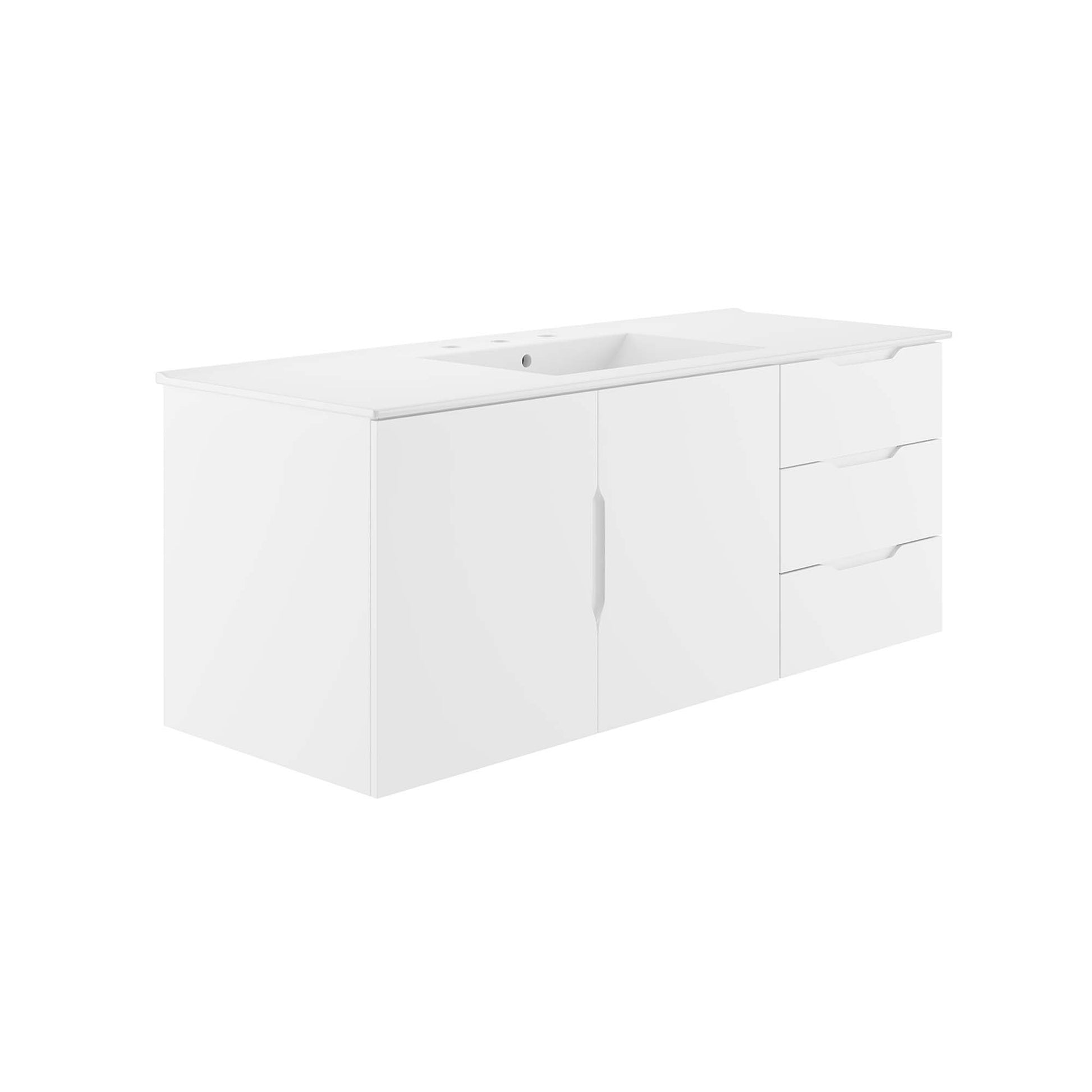 White bathroom vanity with integrated sink, long countertop, two central doors and three drawers on the right.