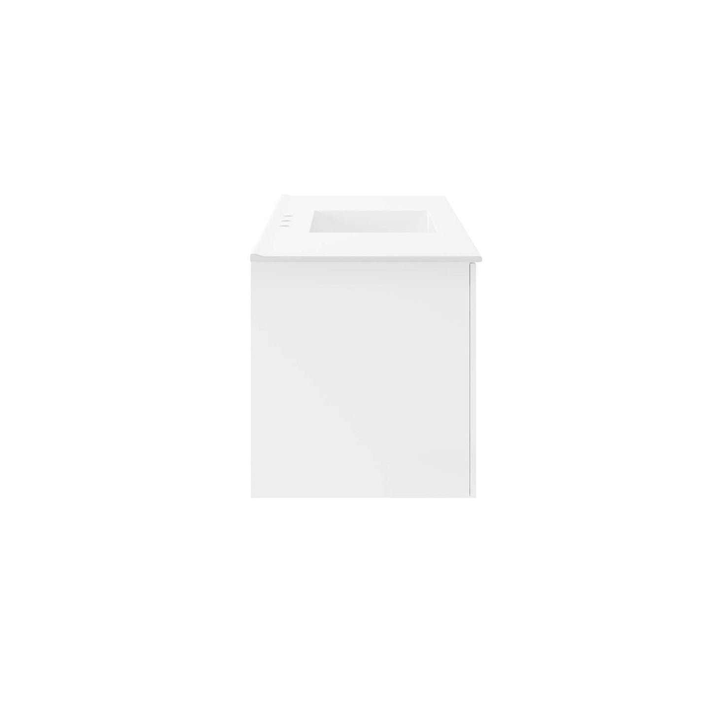 White bathroom vanity cabinet with integrated rectangular sink opening, minimalist modern design.