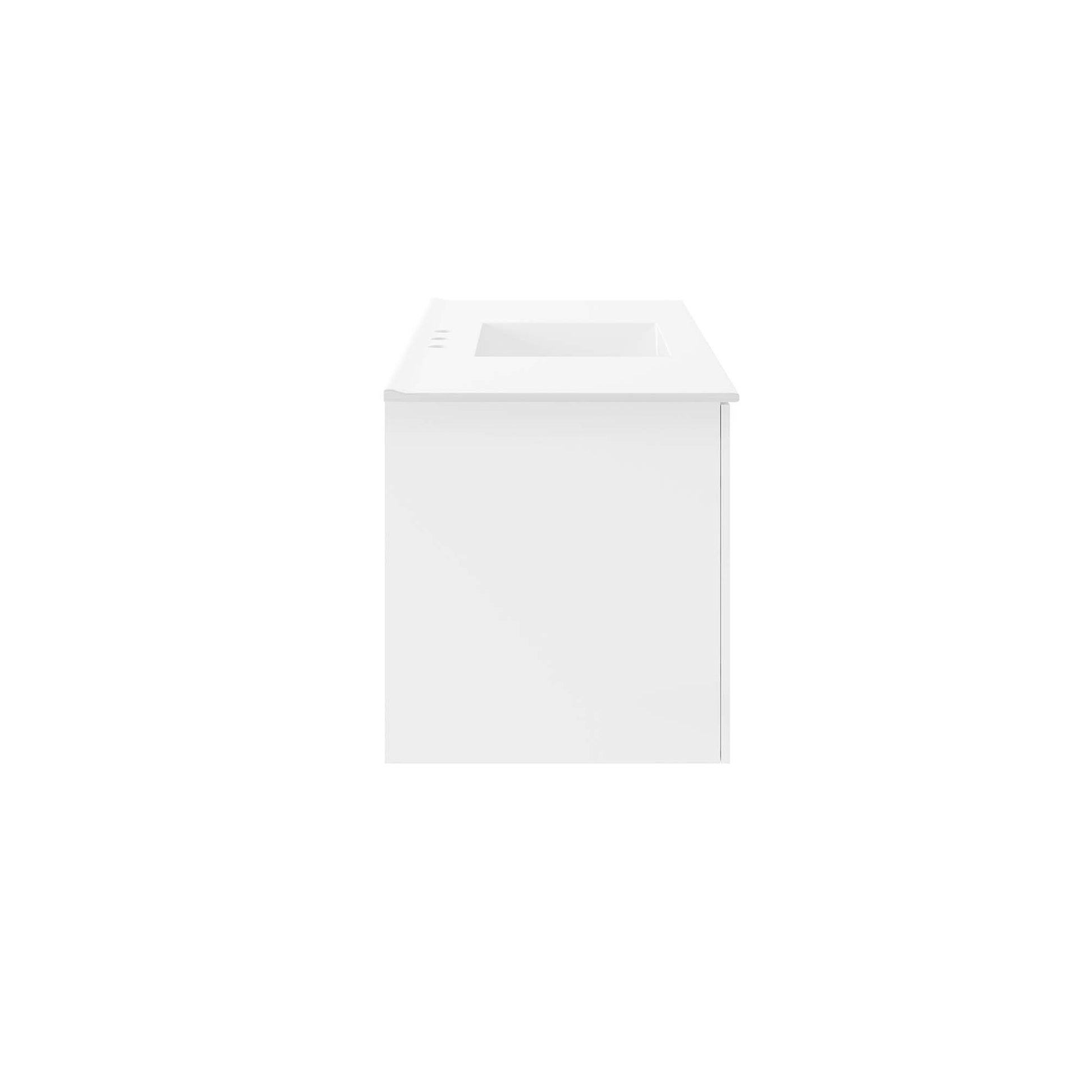 White bathroom vanity cabinet with integrated rectangular sink opening, minimalist modern design.