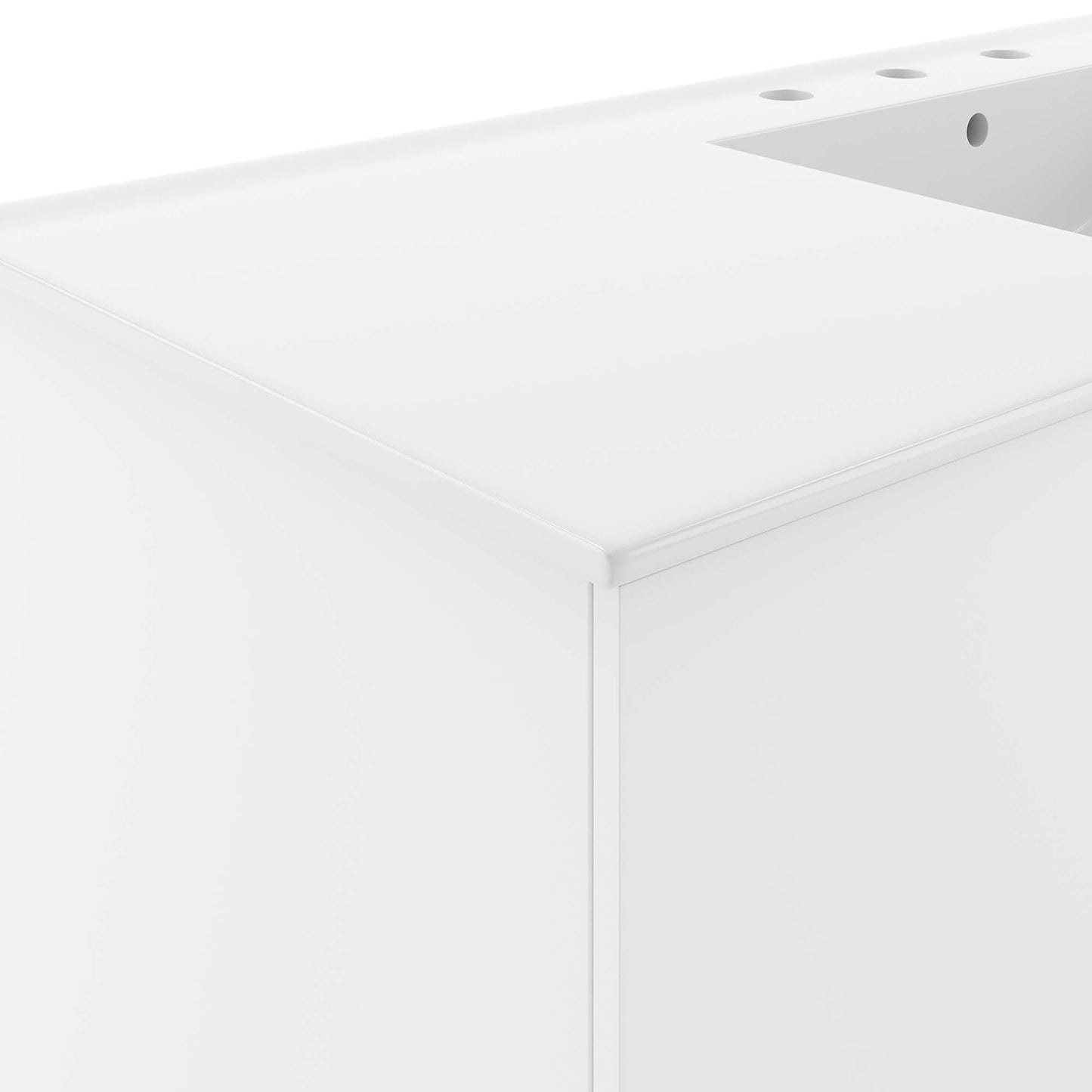White 48" single-sink bathroom vanity base with flat top and sink cutout; modern rectangular cabinet with predrilled faucet holes along the back edge.