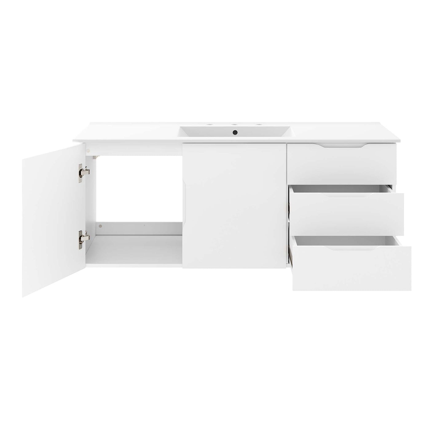 White bathroom vanity with a rectangular sink, open left cabinet, central cabinet door, and two right drawers pulled out.