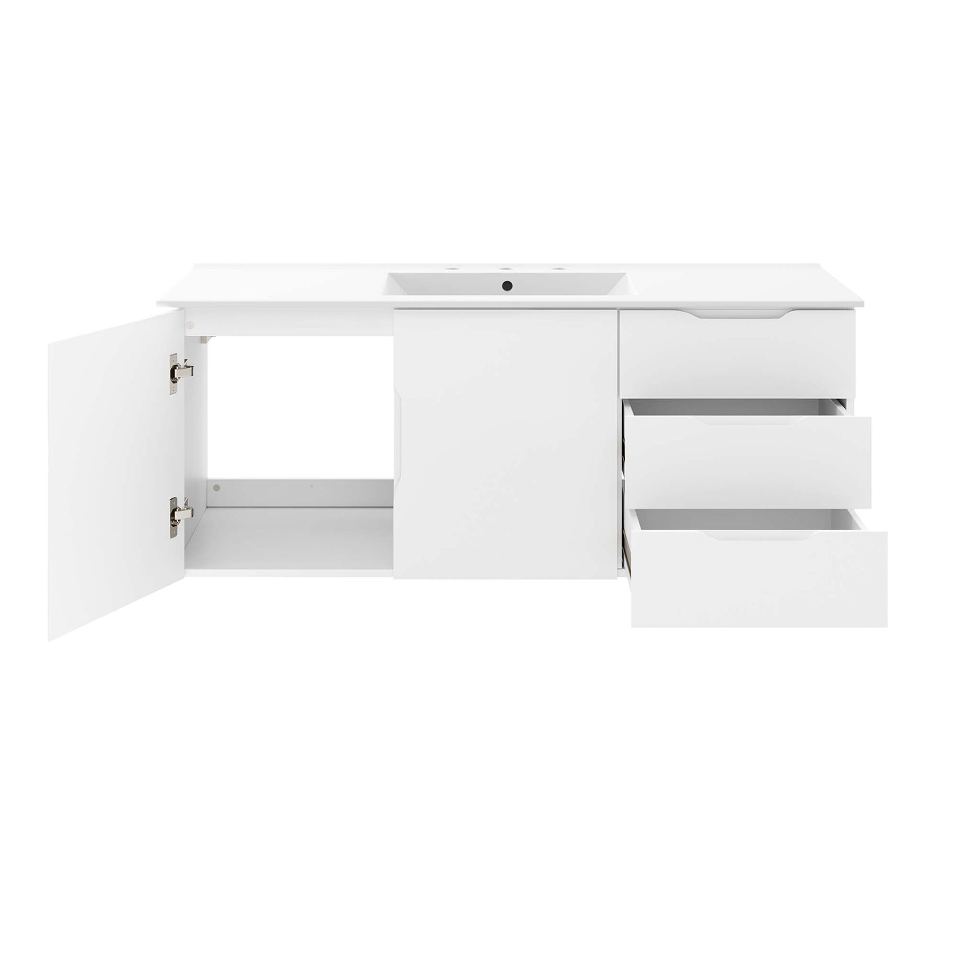 White bathroom vanity with a rectangular sink, open left cabinet, central cabinet door, and two right drawers pulled out.