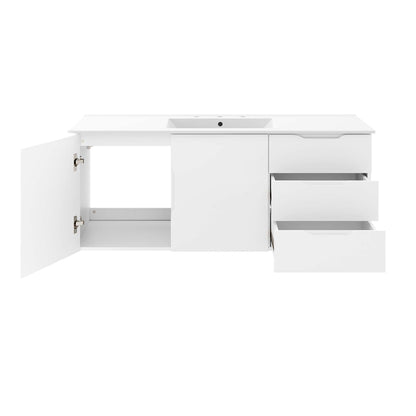 White bathroom vanity with a rectangular sink, open left cabinet, central cabinet door, and two right drawers pulled out.