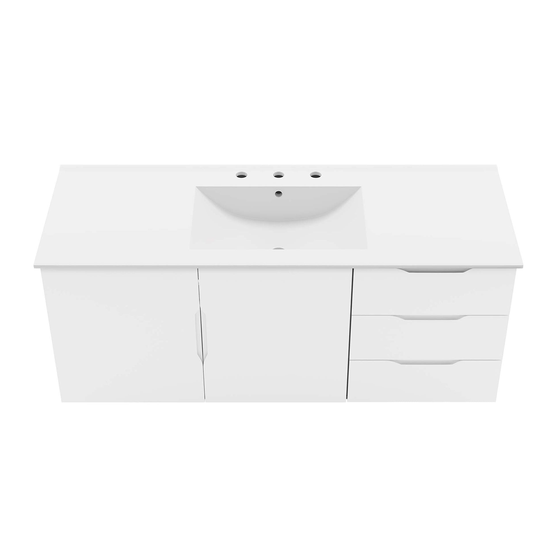 White bathroom vanity with integrated rectangular sink, left cabinet and right three drawers, modern solid-surface top.