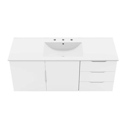 White bathroom vanity with integrated rectangular sink, left cabinet and right three drawers, modern solid-surface top.