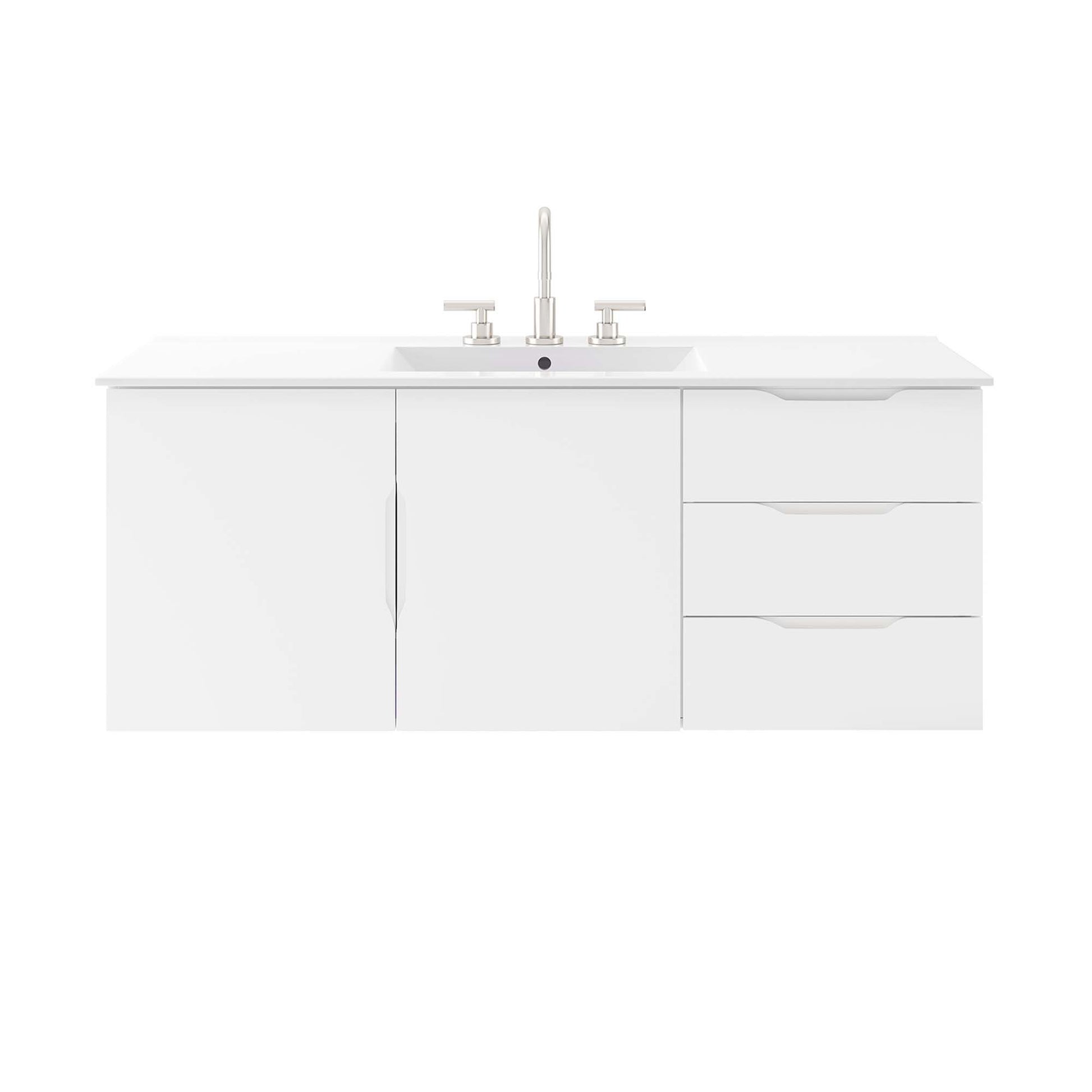 White bathroom vanity with integrated sink, chrome faucet, left cabinet doors, and right three-drawer unit.