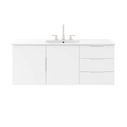 White bathroom vanity with integrated sink, chrome faucet, left cabinet doors, and right three-drawer unit.