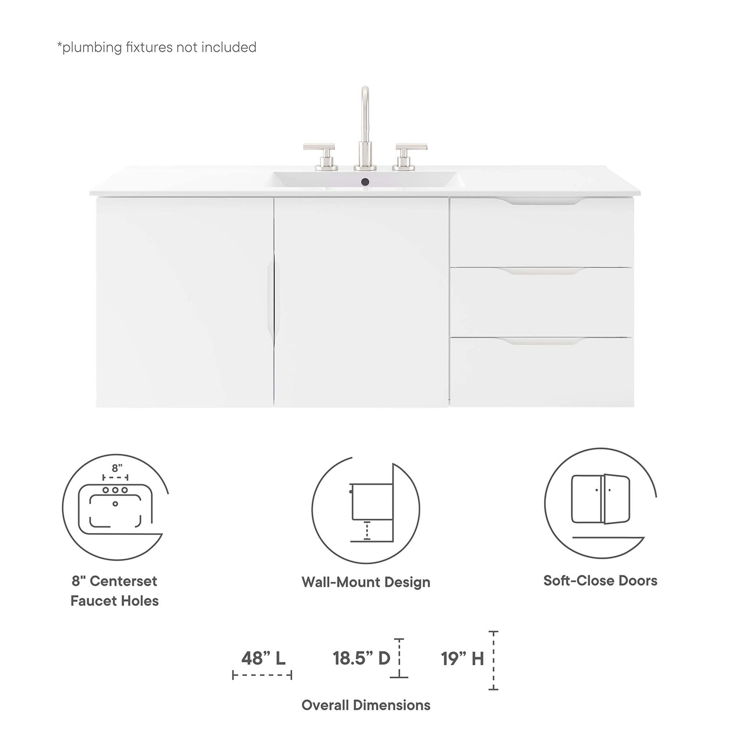 White bathroom vanity with sink and chrome faucet, 2-door left cabinet, 3-drawer right, soft-close doors.