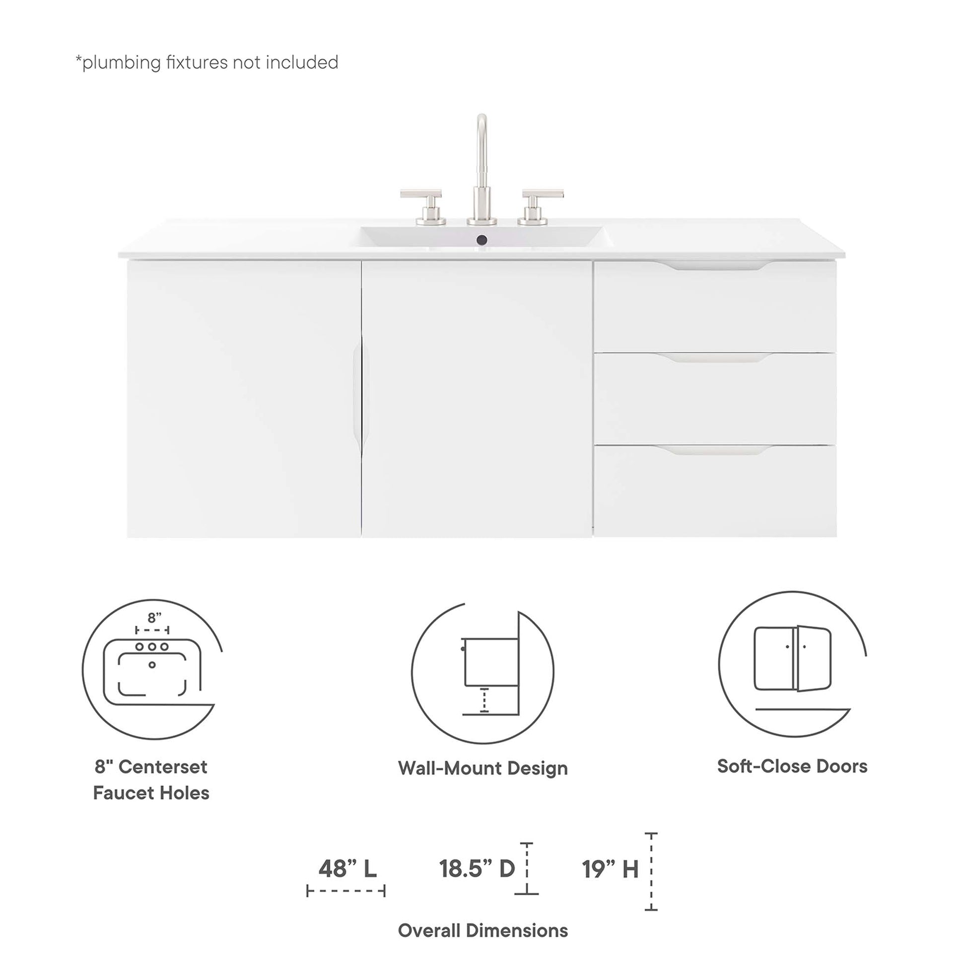 White bathroom vanity with sink and chrome faucet, 2-door left cabinet, 3-drawer right, soft-close doors.