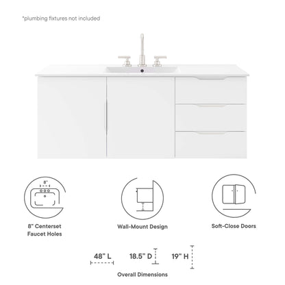 White bathroom vanity with sink and chrome faucet, 2-door left cabinet, 3-drawer right, soft-close doors.