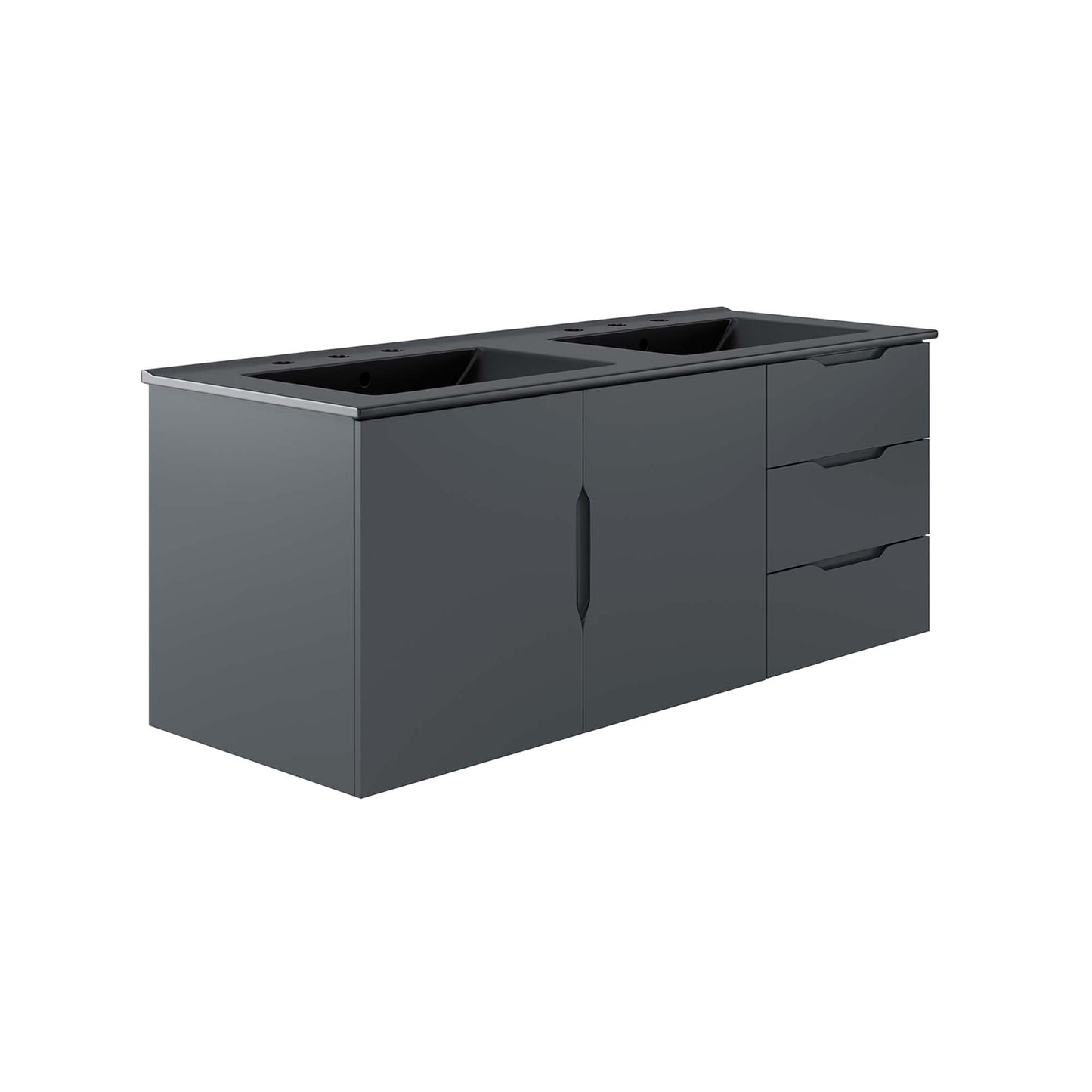 Charcoal gray double-sink bathroom vanity with two central doors and three right-side drawers.
