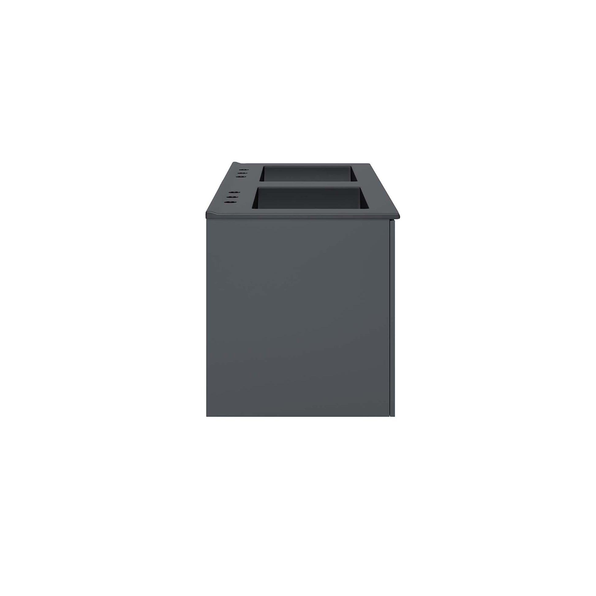 Gray-black 48-inch double-sink bathroom vanity with countertop and cabinet doors.