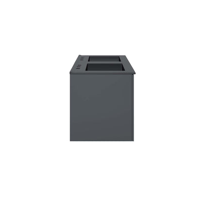 Gray-black 48-inch double-sink bathroom vanity with countertop and cabinet doors.