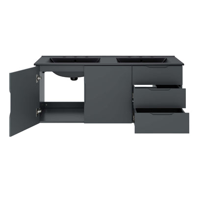 Black dual-sink bathroom vanity with open left cabinet, center cabinet, and two right drawers.