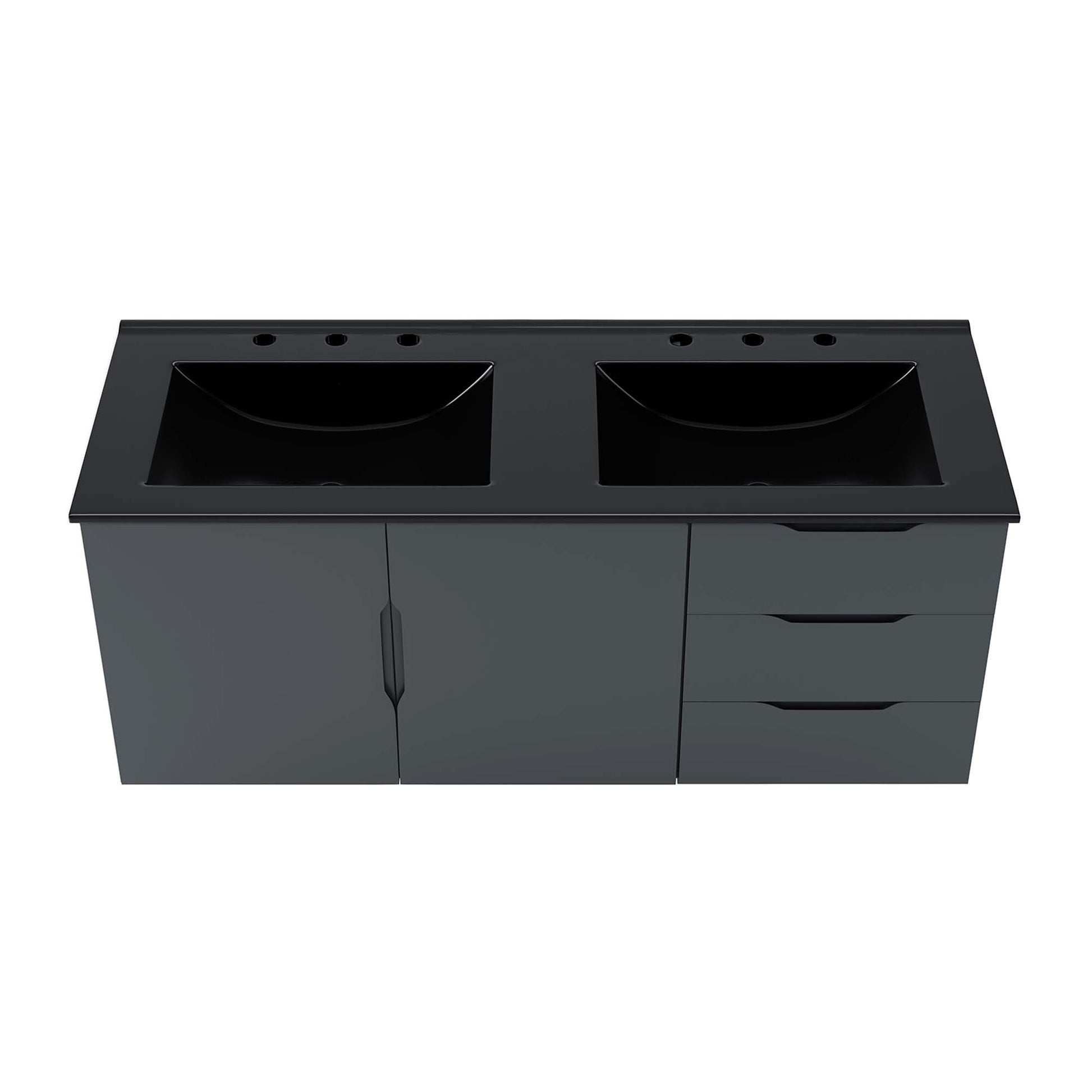 Dark gray double-sink bathroom vanity with black countertop, two rectangular basins, faucet holes, left cabinet doors and right drawers.