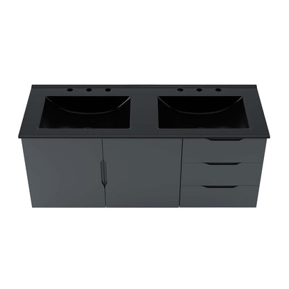 Dark gray double-sink bathroom vanity with black countertop, two rectangular basins, faucet holes, left cabinet doors and right drawers.