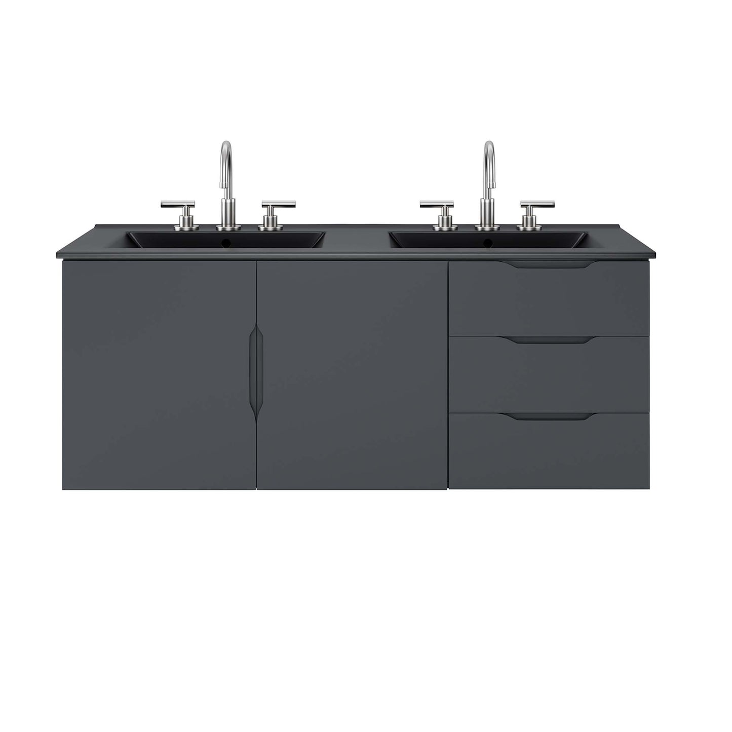 Charcoal gray dual-sink bathroom vanity with chrome faucets, left cabinet and right two-drawer unit.