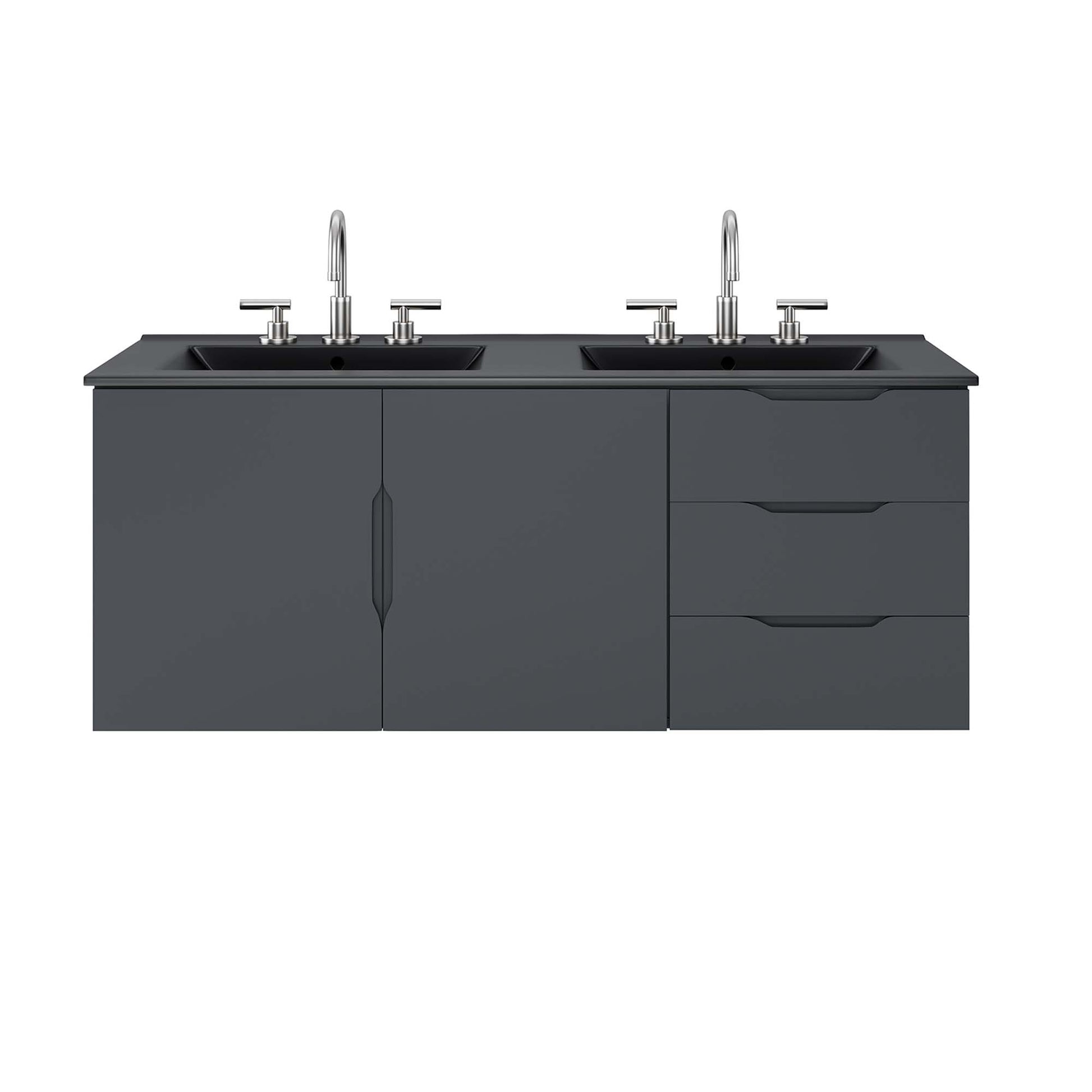 Charcoal gray dual-sink bathroom vanity with chrome faucets, left cabinet and right two-drawer unit.