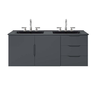 Charcoal gray dual-sink bathroom vanity with chrome faucets, left cabinet and right two-drawer unit.