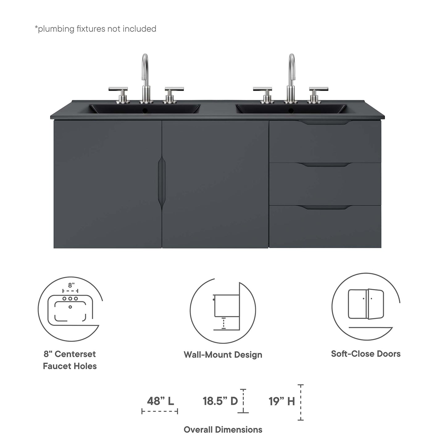 Black double-sink bathroom vanity with undermount sinks, chrome faucets, left two-door cabinet, right three-drawer unit.