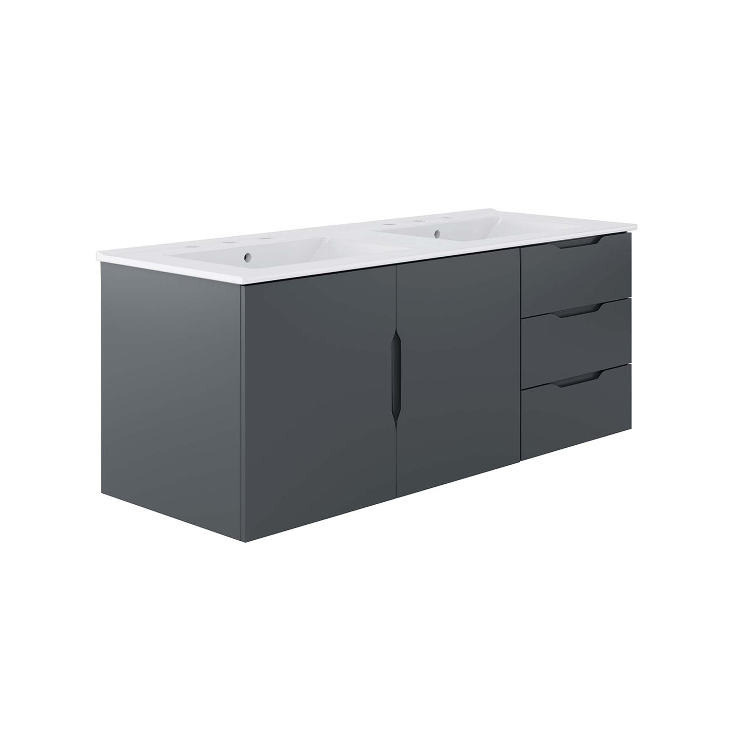 Modern gray bathroom vanity with white dual sinks, central cabinet doors, and a right-side three-drawer unit.