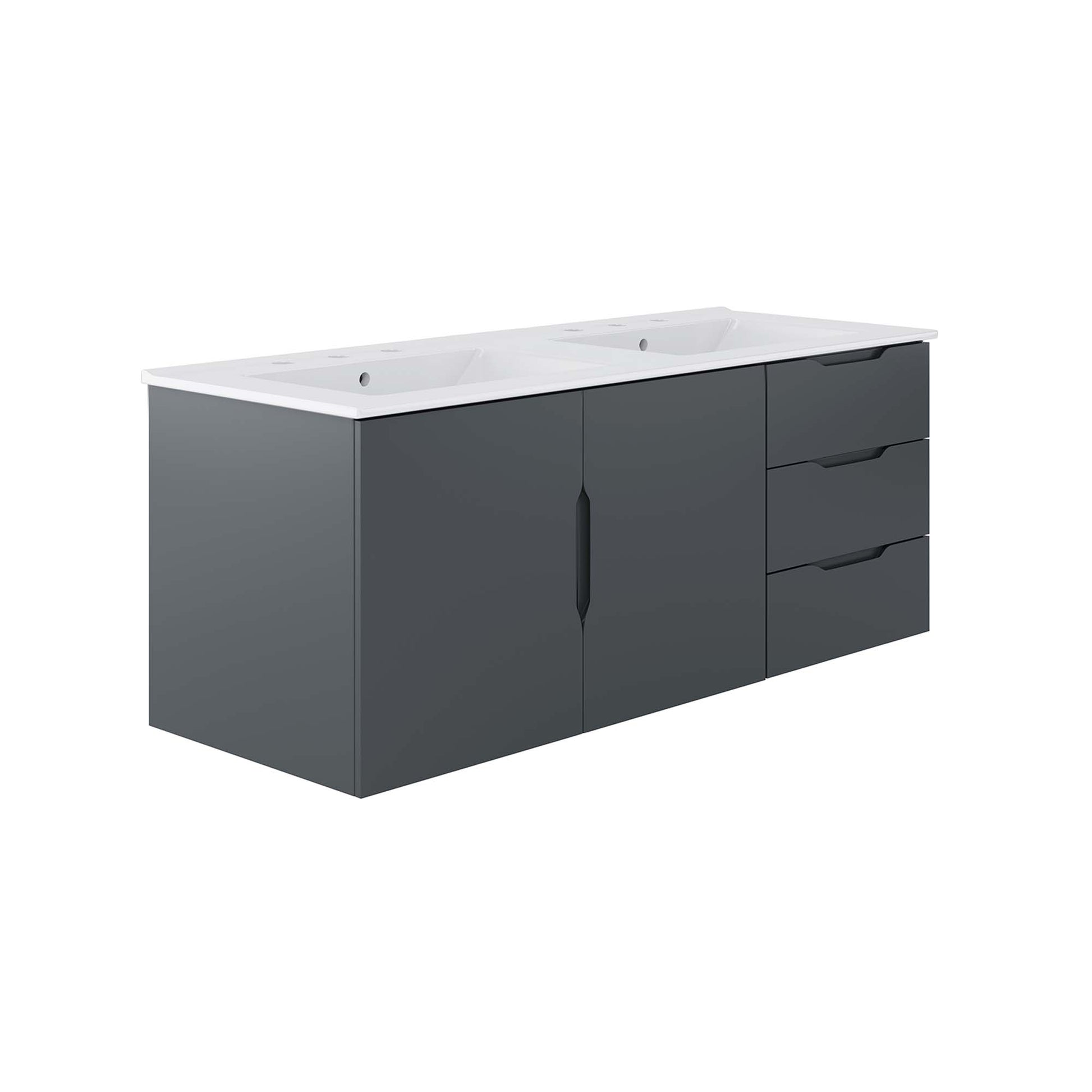 Modern gray bathroom vanity with white dual sinks, central cabinet doors, and a right-side three-drawer unit.