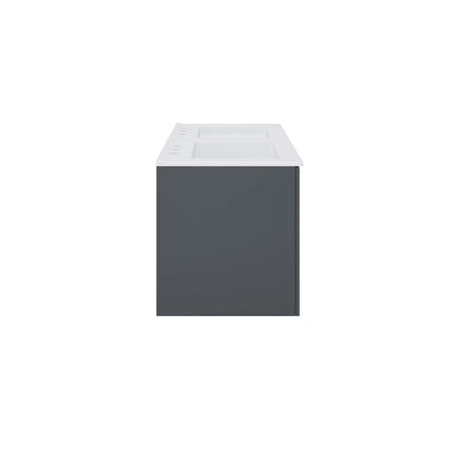 Modern gray bathroom vanity with white top and two sink openings, front view.