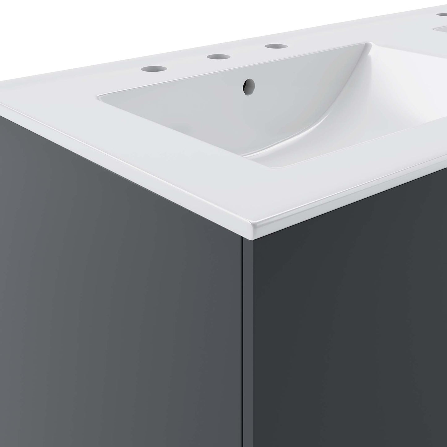 White solid-surface bathroom vanity with integrated rectangular sink, three faucet holes, and a dark gray cabinet.