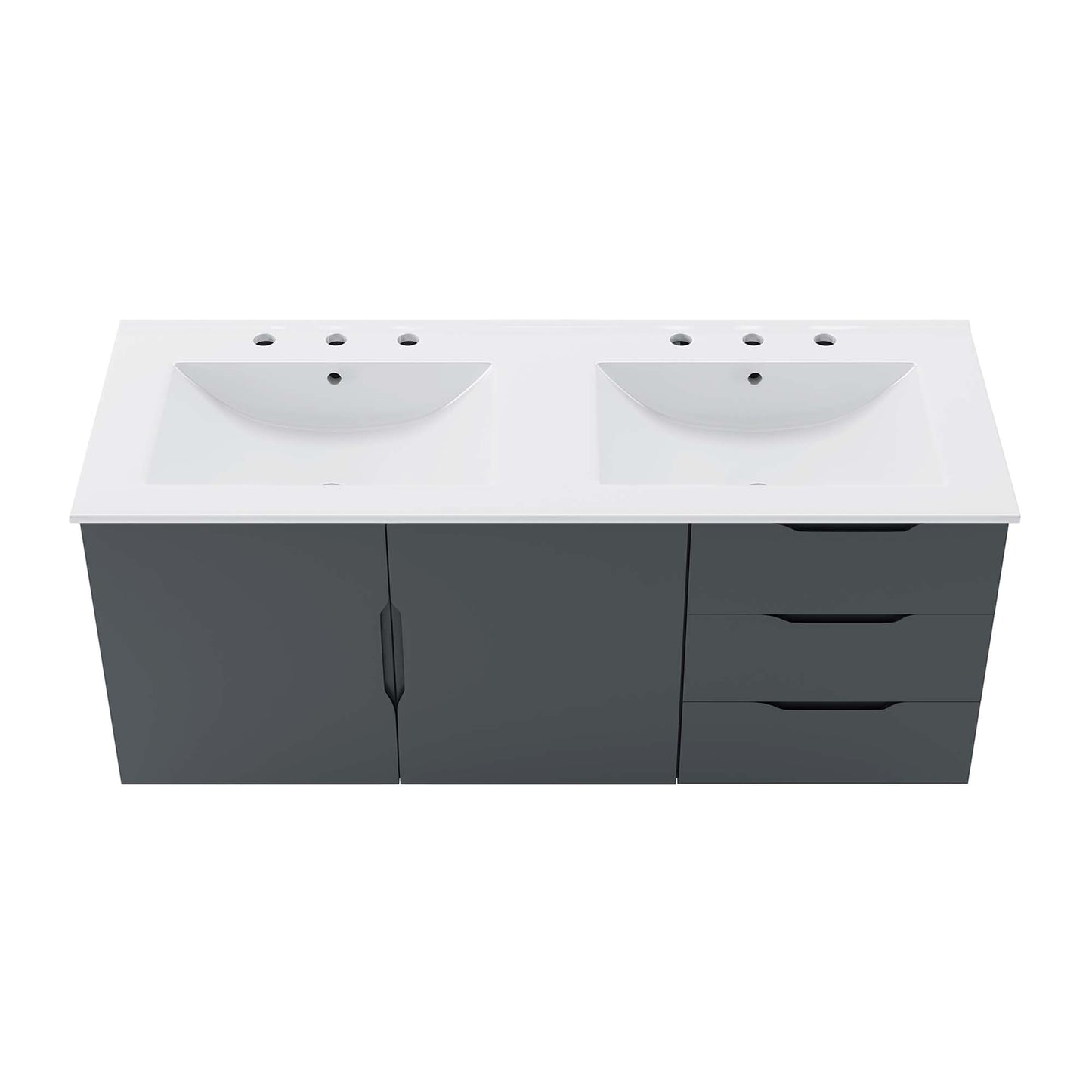 White double-sink vanity with gray base, two white basins, left cabinet doors & right three drawers.