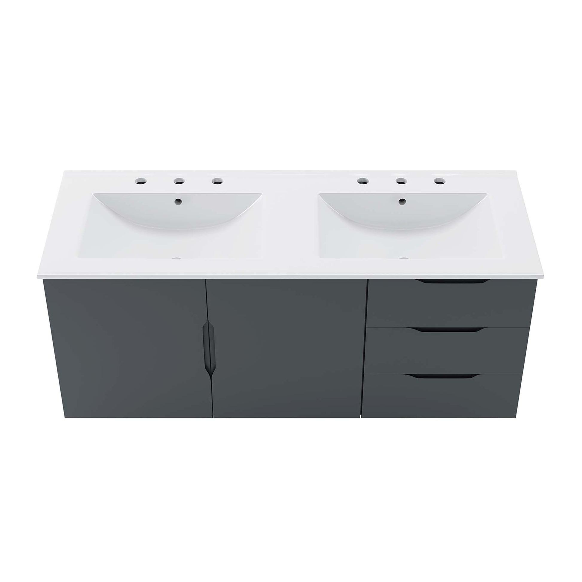 White double-sink vanity with gray base, two white basins, left cabinet doors & right three drawers.