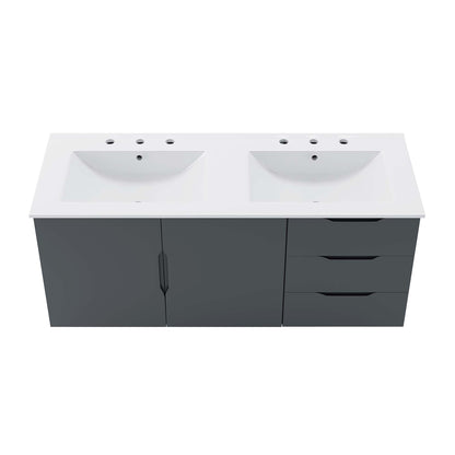 White double-sink vanity with gray base, two white basins, left cabinet doors & right three drawers.