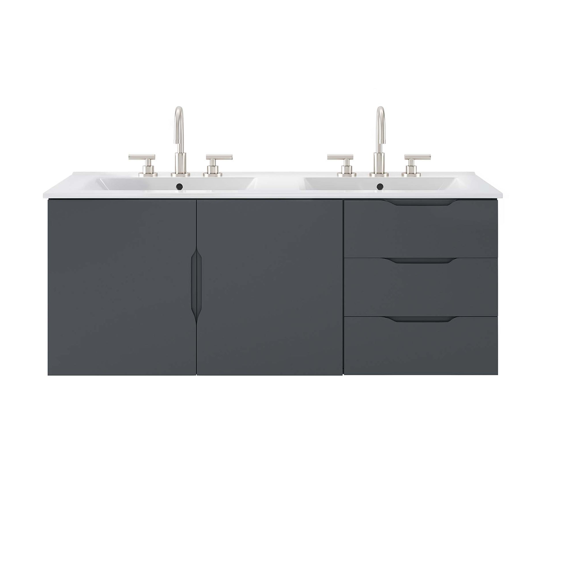 Gray double-sink bathroom vanity with white countertop and chrome faucets; left double-door cabinet, right two-drawer unit.