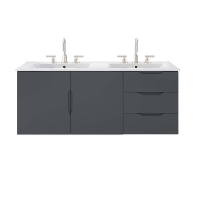 Gray double-sink bathroom vanity with white countertop and chrome faucets; left double-door cabinet, right two-drawer unit.