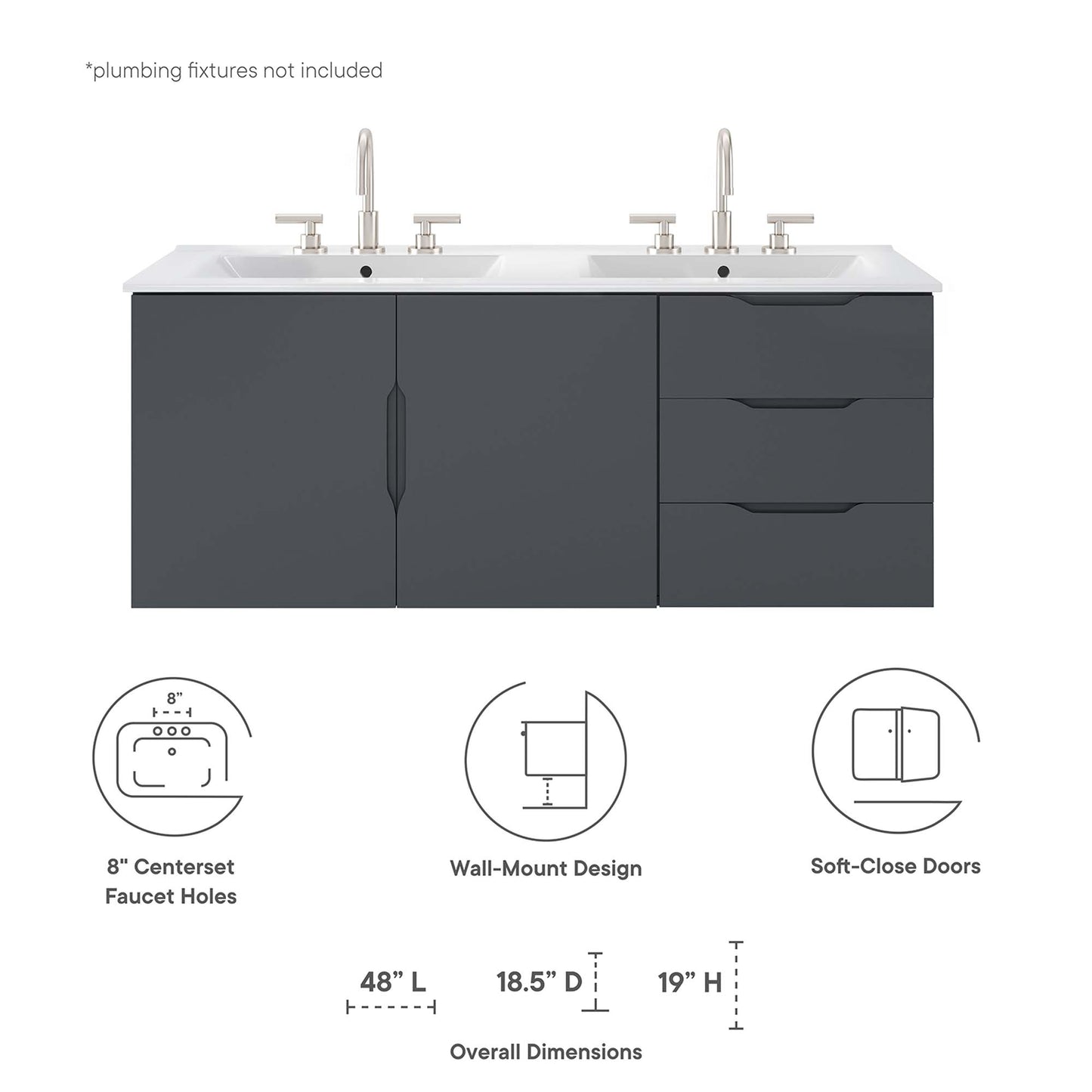 Charcoal gray double-sink bathroom vanity with white countertop, chrome faucets, soft-close doors and drawers, 48" L x 18.5" D x 19" H
