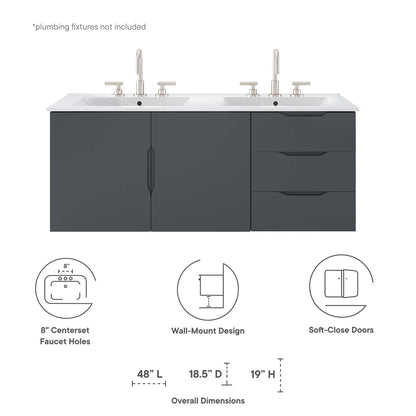 Charcoal gray double-sink bathroom vanity with white countertop, chrome faucets, soft-close doors and drawers, 48" L x 18.5" D x 19" H