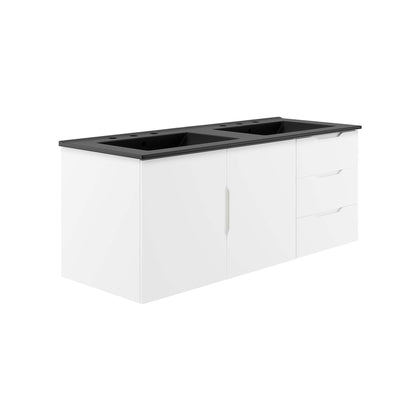 Black double sink bathroom vanity with two doors on the left and three drawers on the right; modern minimalist.