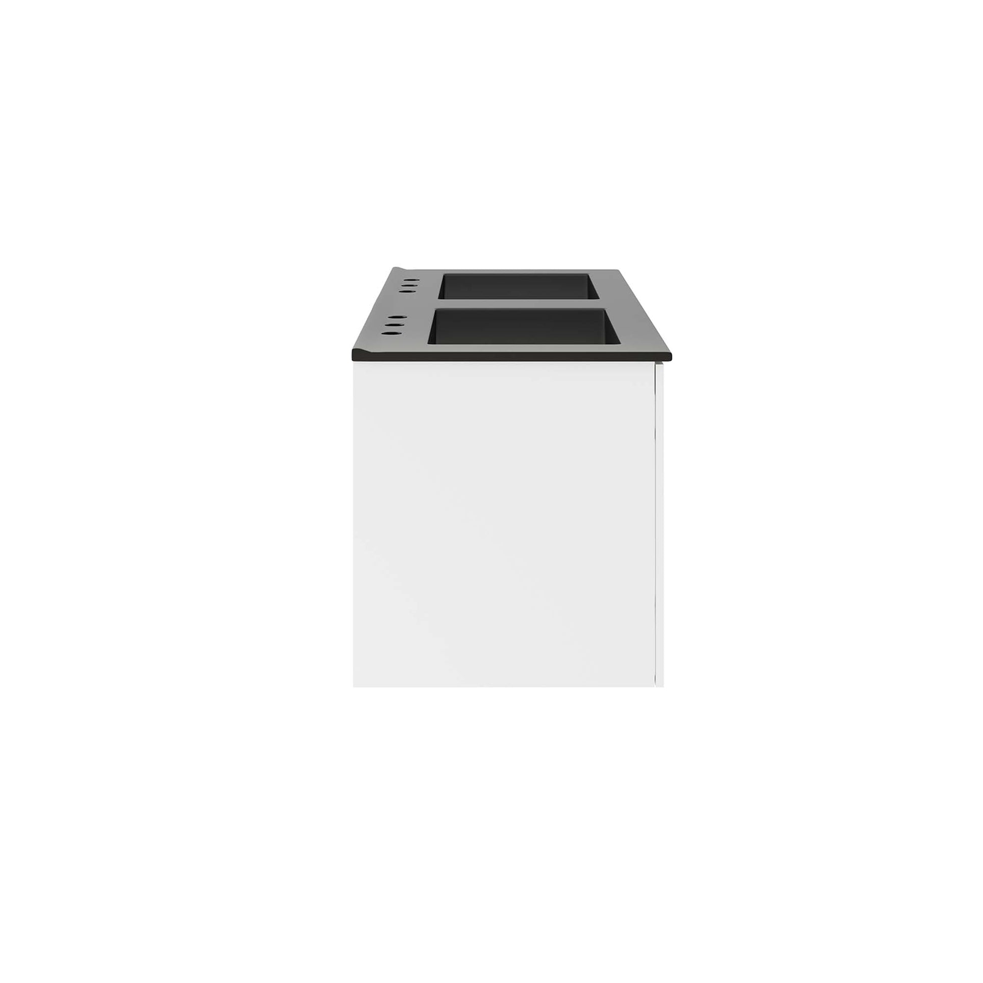 White vanity top with a black base, 48-inch double-sink bathroom vanity with two sinks and cabinet storage.